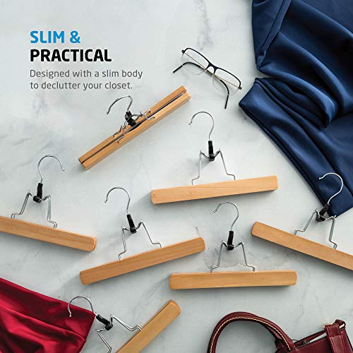 High-Grade Wooden Pants Hangers with Clips 10 Pack Non Slip Skirt Hangers, Smooth Finish Solid Wood Jeans/Slack Hanger with 360° Swivel Hook - Pants Clip Hangers for Skirts, Slacks - Clamp Hangers