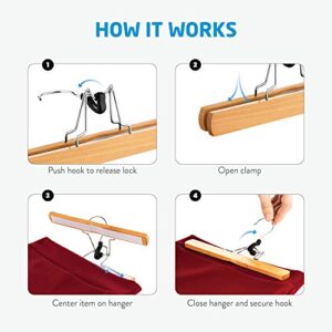 High-Grade Wooden Pants Hangers with Clips 10 Pack Non Slip Skirt Hangers, Smooth Finish Solid Wood Jeans/Slack Hanger with 360° Swivel Hook - Pants Clip Hangers for Skirts, Slacks - Clamp Hangers