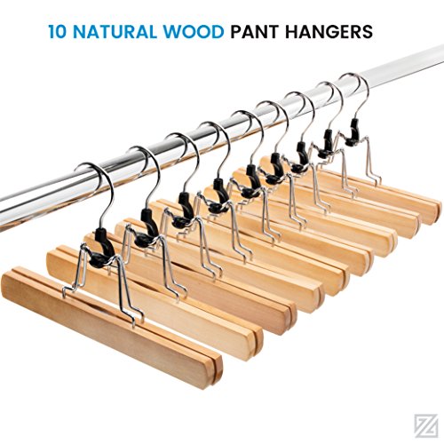 High-Grade Wooden Pants Hangers with Clips 10 Pack Non Slip Skirt Hangers, Smooth Finish Solid Wood Jeans/Slack Hanger with 360° Swivel Hook - Pants Clip Hangers for Skirts, Slacks - Clamp Hangers