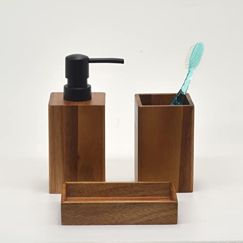 Wood Bathroom Accessories Set 3 Pieces Includes Soap Dispenser Toothbrush Holder Soap Dish for Home and Hotel Decor Wood Color