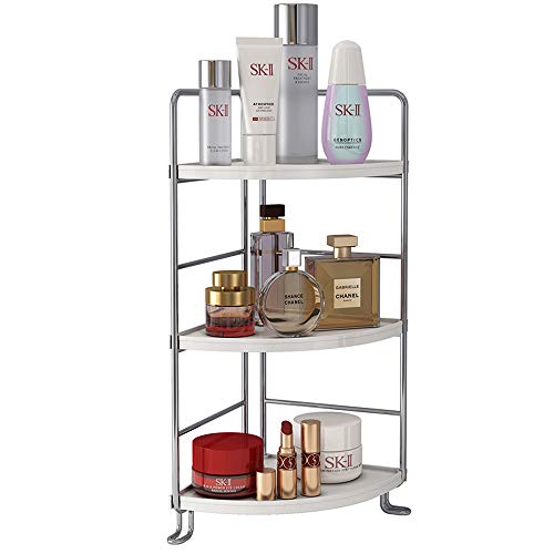 KINGBERWI 3-Tier Corner Spice Rack Kitchen Bathroom Countertop Organizer Vanity Tray Cosmetic Makeup Storage Standing Shelf, Silver