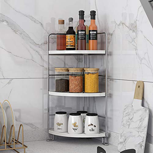 KINGBERWI 3-Tier Corner Spice Rack Kitchen Bathroom Countertop Organizer Vanity Tray Cosmetic Makeup Storage Standing Shelf, Silver