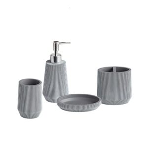 roselli trading company 4pc - commodore stripes bathroom accessory set - toothbrush holder, tumbler, soap dish, and lotion pump ba gray, white