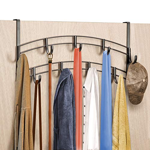 Lynk® Over Door Hook Rack - Scarf, Belt, Hat, Jewelry, Purse, Bra Hanger - 9 Hook Organizer Rack - Bronze