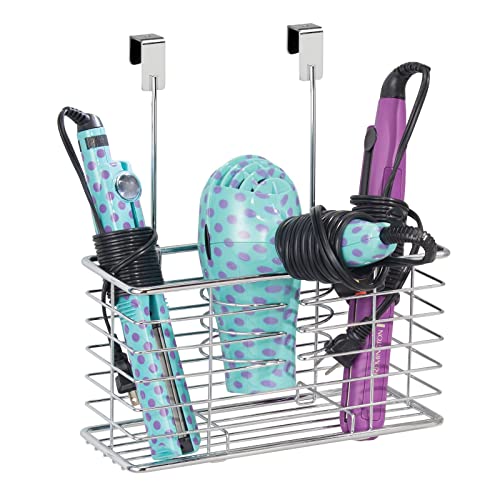 mDesign Steel Over Cabinet/Door Hair Dryer Holder Storage, Hair Styling Tool Organizer Basket for Bathroom - Hair Blow Dryer, Flat Iron, Curling Wand, Hair Straightener - Linelle Collection - Chrome