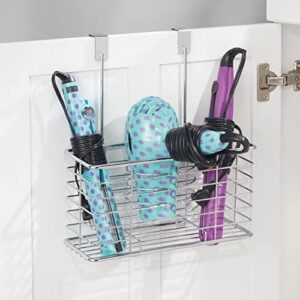 mDesign Steel Over Cabinet/Door Hair Dryer Holder Storage, Hair Styling Tool Organizer Basket for Bathroom - Hair Blow Dryer, Flat Iron, Curling Wand, Hair Straightener - Linelle Collection - Chrome