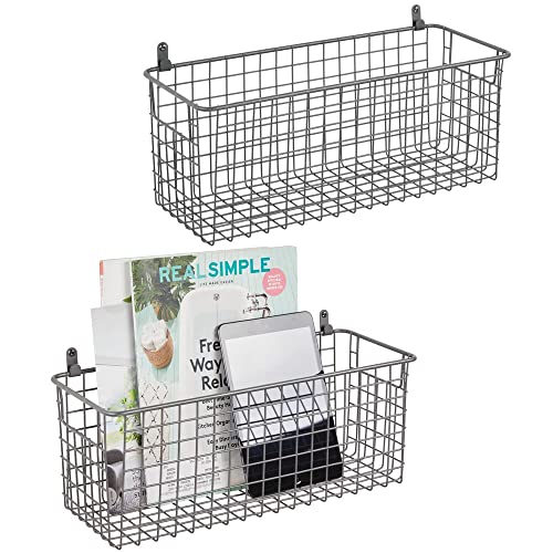 mDesign Portable Metal Farmhouse Wall Decor Storage Organizer Basket Bin with Handles for Hanging in Entryway, Mudroom, Bedroom, Bathroom, Laundry Room - Wall Mount Hooks Included, 2 Pack - Graphite