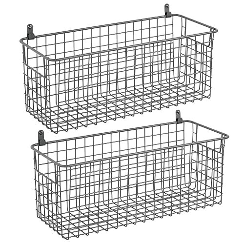 mDesign Portable Metal Farmhouse Wall Decor Storage Organizer Basket Bin with Handles for Hanging in Entryway, Mudroom, Bedroom, Bathroom, Laundry Room - Wall Mount Hooks Included, 2 Pack - Graphite