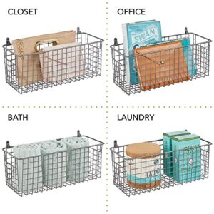 mDesign Portable Metal Farmhouse Wall Decor Storage Organizer Basket Bin with Handles for Hanging in Entryway, Mudroom, Bedroom, Bathroom, Laundry Room - Wall Mount Hooks Included, 2 Pack - Graphite