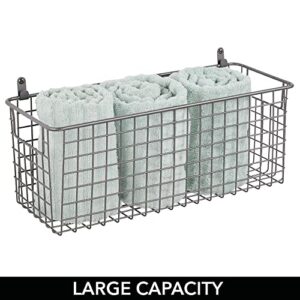 mDesign Portable Metal Farmhouse Wall Decor Storage Organizer Basket Bin with Handles for Hanging in Entryway, Mudroom, Bedroom, Bathroom, Laundry Room - Wall Mount Hooks Included, 2 Pack - Graphite