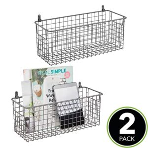 mDesign Portable Metal Farmhouse Wall Decor Storage Organizer Basket Bin with Handles for Hanging in Entryway, Mudroom, Bedroom, Bathroom, Laundry Room - Wall Mount Hooks Included, 2 Pack - Graphite