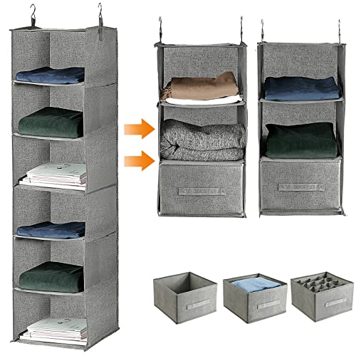 Rumia Hanging Closet Organizer and Storage,Detachable 6-Layer Handing Shelves with 3 Drawers,2x3 Layer Closet Shelves with 4 Side Pockets for Wardrobe,Nursery,Baby Clothes Organization and Storage