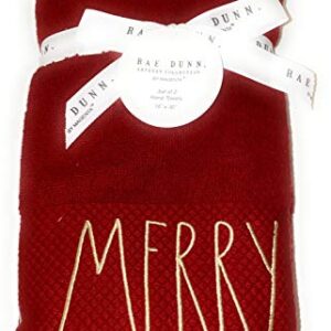 Rae Dunn Set of 2 Embroidered Merry Red Hand Towels for Christmas Bathroom Decor, Christmas Hand Towels, Christmas Decorations
