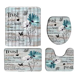 dsmeue inspirational quote 4 piece shower curtain sets with rugs，rustic teal wooden board daisy flower butterfly motivational 70"x70" bathroom curtain and 17.8"x29.5" bath mat,toilet cover, u-shaped