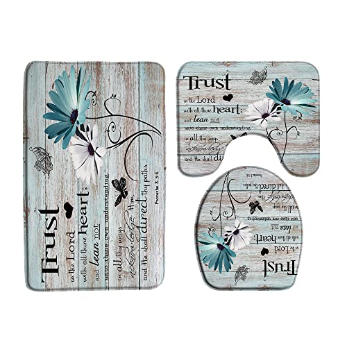 DSMEUE Inspirational Quote 4 Piece Shower Curtain Sets with Rugs，Rustic Teal Wooden Board Daisy Flower Butterfly Motivational 70"x70" Bathroom Curtain and 17.8"x29.5" Bath Mat,Toilet Cover, U-Shaped