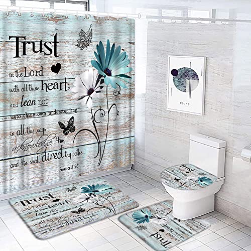 DSMEUE Inspirational Quote 4 Piece Shower Curtain Sets with Rugs，Rustic Teal Wooden Board Daisy Flower Butterfly Motivational 70"x70" Bathroom Curtain and 17.8"x29.5" Bath Mat,Toilet Cover, U-Shaped