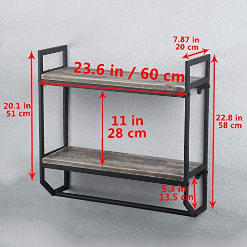 2-Tier Metal Industrial 23.6" Bathroom Shelves Wall Mounted,Rustic Wall Shelf Over Toilet,Towel Rack with Towel Bar,Utility Storage Shelf Rack,Floating Shelves Towel Holder,Black