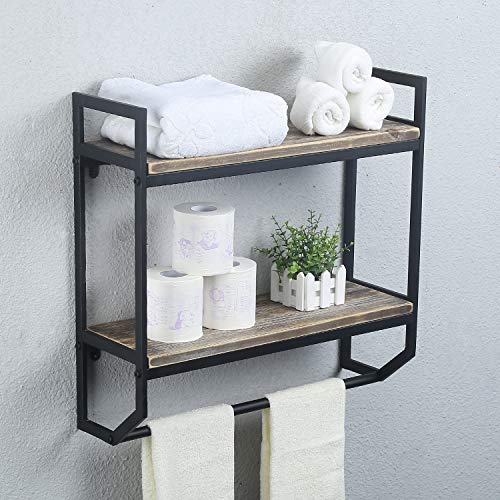 2-Tier Metal Industrial 23.6" Bathroom Shelves Wall Mounted,Rustic Wall Shelf Over Toilet,Towel Rack with Towel Bar,Utility Storage Shelf Rack,Floating Shelves Towel Holder,Black