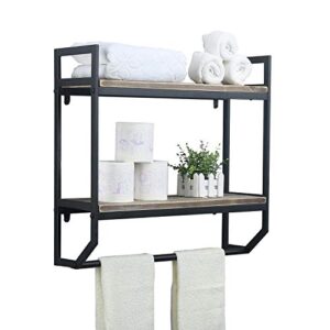 2-Tier Metal Industrial 23.6" Bathroom Shelves Wall Mounted,Rustic Wall Shelf Over Toilet,Towel Rack with Towel Bar,Utility Storage Shelf Rack,Floating Shelves Towel Holder,Black