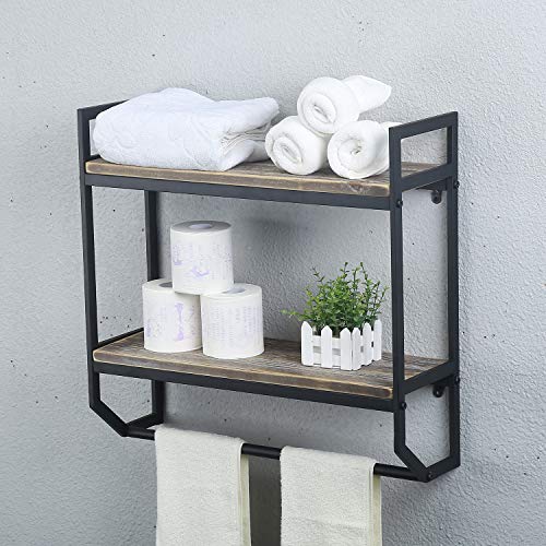 2-Tier Metal Industrial 23.6" Bathroom Shelves Wall Mounted,Rustic Wall Shelf Over Toilet,Towel Rack with Towel Bar,Utility Storage Shelf Rack,Floating Shelves Towel Holder,Black