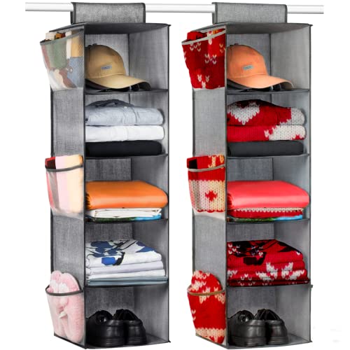 Criusia 2 Pack Hanging Closet Organizer 5 Shelves, Foldable Closet Organizers and Storage with 6 Side Pockets, Hanging Organizer for Closet Organization and Storage,Grey