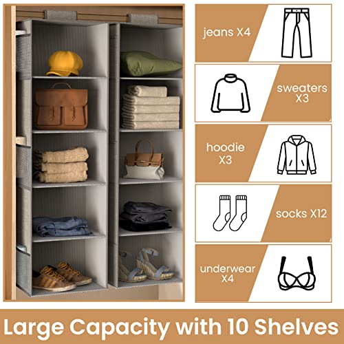 Criusia 2 Pack Hanging Closet Organizer 5 Shelves, Foldable Closet Organizers and Storage with 6 Side Pockets, Hanging Organizer for Closet Organization and Storage,Grey