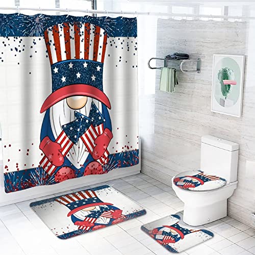 4 Pcs Shower Curtain Set 4th of July Patriotic American Gnome-1 with Non-Slip Rugs Toilet Lid Cover and Bath Mat Bathroom Decor Set 72" X 72"