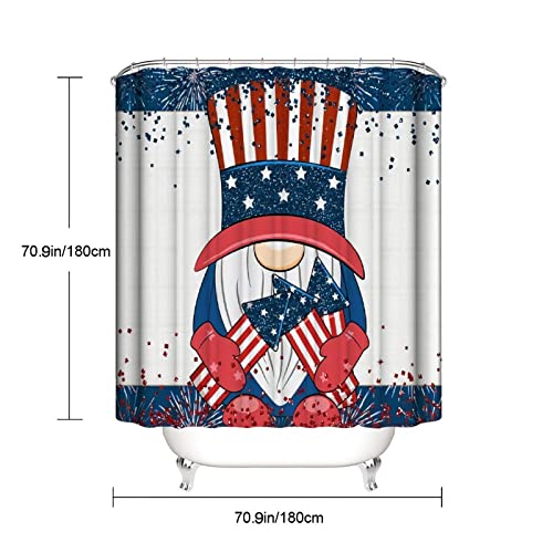 4 Pcs Shower Curtain Set 4th of July Patriotic American Gnome-1 with Non-Slip Rugs Toilet Lid Cover and Bath Mat Bathroom Decor Set 72" X 72"