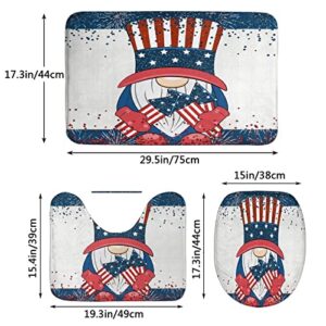 4 Pcs Shower Curtain Set 4th of July Patriotic American Gnome-1 with Non-Slip Rugs Toilet Lid Cover and Bath Mat Bathroom Decor Set 72" X 72"