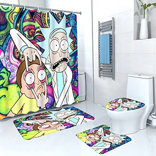 SZZHNC 4 Piece Funny Shower Curtain Sets with 12 Hooks for Fresh Color Luxury Bathroom Sets Decor, Non-Slip Rugs and Toilet Mat Lid Rug ,Cartoon Theme Waterproof(72x72'') (ruike-scs-30228-13)