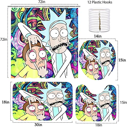 SZZHNC 4 Piece Funny Shower Curtain Sets with 12 Hooks for Fresh Color Luxury Bathroom Sets Decor, Non-Slip Rugs and Toilet Mat Lid Rug ,Cartoon Theme Waterproof(72x72'') (ruike-scs-30228-13)