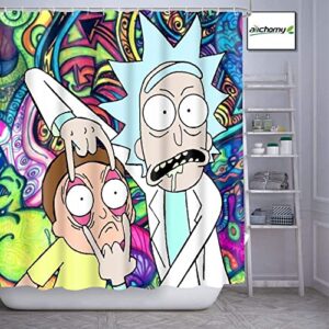 SZZHNC 4 Piece Funny Shower Curtain Sets with 12 Hooks for Fresh Color Luxury Bathroom Sets Decor, Non-Slip Rugs and Toilet Mat Lid Rug ,Cartoon Theme Waterproof(72x72'') (ruike-scs-30228-13)