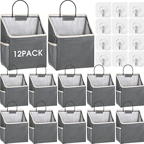 12 Pcs Wall Hanging Storage Bag Wall Hanging Organizer Bag with Hooks Closet Hanging Wall Basket with Pocket Linen Cotton Wall Organizer for Bedroom Bathroom Dormitory Kitchen, 15 x 4.3 x 8.7 Inch