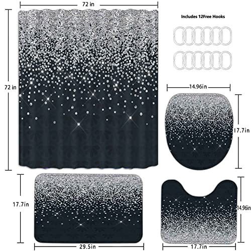 TERSUM Silver Gray Bokeh Diamond Shower Curtain Set,4PCS Bathroom Sets with Shower Curtain and Bath Mat, Toilet Lid Cover and U Shaped Rugs,72"x72" Polyester Fabric Bathtub Curtain with Hooks SETGXTE2