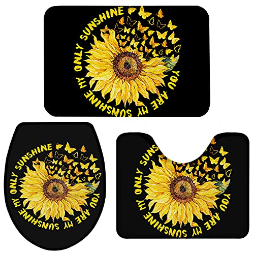 Apular Fashion 3 Piece Bath Rugs Set Sunflower Printed Non Slip Ultra Soft Bathroom Mats, U Shape Mat and Toilet Lid Cover Mat Bath Mats