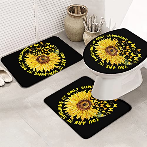 Apular Fashion 3 Piece Bath Rugs Set Sunflower Printed Non Slip Ultra Soft Bathroom Mats, U Shape Mat and Toilet Lid Cover Mat Bath Mats