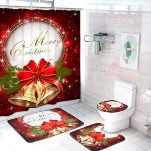 merry christmas shower curtain sets with non-slip bathroom rugs, toilet lid cover, bath mat and 12 hooks, xmas red bell bow bathroom sets with shower curtain and rugs for christmas decoration