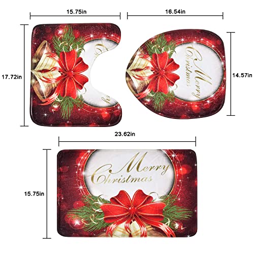 Merry Christmas Shower Curtain Sets with Non-Slip Bathroom Rugs, Toilet Lid Cover, Bath Mat and 12 Hooks, Xmas Red Bell Bow Bathroom Sets with Shower Curtain and Rugs for Christmas Decoration