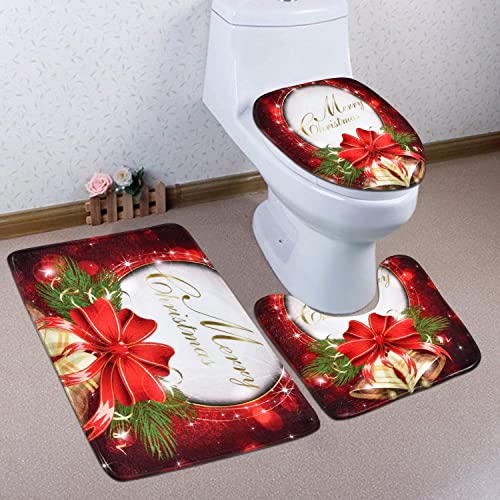 Merry Christmas Shower Curtain Sets with Non-Slip Bathroom Rugs, Toilet Lid Cover, Bath Mat and 12 Hooks, Xmas Red Bell Bow Bathroom Sets with Shower Curtain and Rugs for Christmas Decoration