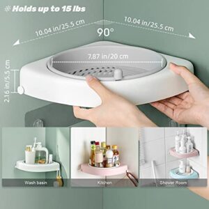 Feilifan Corner Shower Caddy, Plastic 360 Rotating Shower Organizer with Hooks, Bathroom Adhesive Shelf for Shower, Waterproof Shower Shelves for Washroom Toilet Kitchen, Max Hold 15 lbs, White