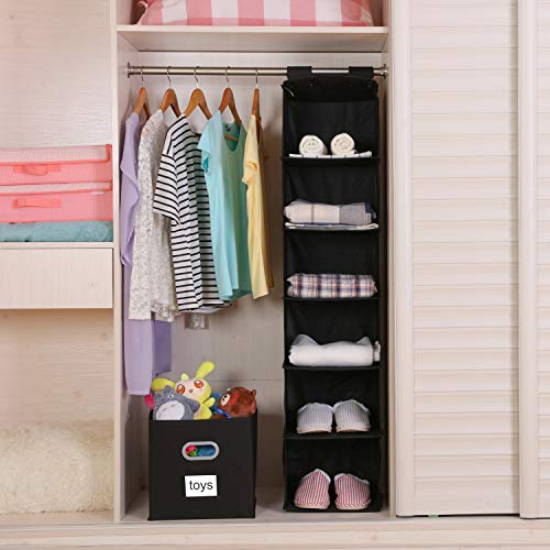 Magicfly Hanging Closet Organizer, 6-Shelf Hanging Clothes Storage Box Collapsible Accessory Shelves Hanging Closet Cubby for Sweater & Handbag Organizer, Easy Mount, Black