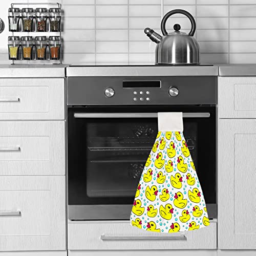 Kitchen Hanging Hand Towels Yellow Ducks Bubbles Children Bathroom Soft Hanging Tie Towel with Loop Super Absorbent Machine Washable,1 Piece