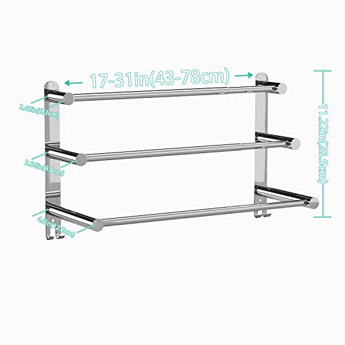 Mlesi Towel Bars Freely Retractable 17-31 Inches Bathroom Towel Rack with Hooks,SUS304 Stainless Steel 3-Tiers Towel Rails Wall Mounted No Drill Sdjustable,Bathroom Towels Shelves Rack with Adhesives