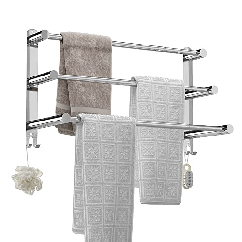 Mlesi Towel Bars Freely Retractable 17-31 Inches Bathroom Towel Rack with Hooks,SUS304 Stainless Steel 3-Tiers Towel Rails Wall Mounted No Drill Sdjustable,Bathroom Towels Shelves Rack with Adhesives