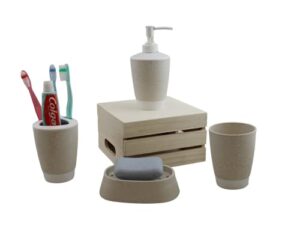 bathroom accessories set 4 piece accesorios para baños soap dispenser, soap dish, tumble, toothpaste-toothbrush holder (sandstone beige)