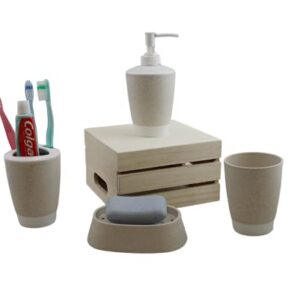 Bathroom Accessories Set 4 Piece Accesorios para Baños Soap Dispenser, Soap Dish, Tumble, Toothpaste-Toothbrush Holder (Sandstone Beige)