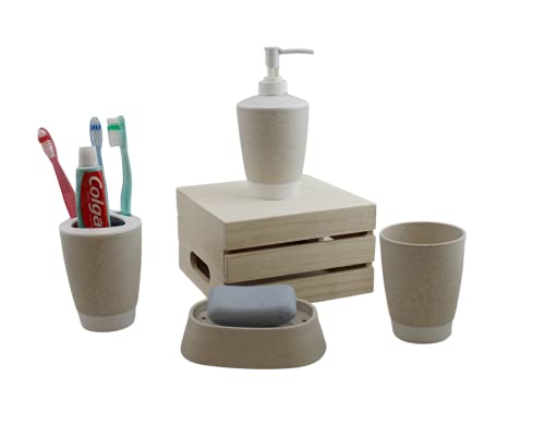 Bathroom Accessories Set 4 Piece Accesorios para Baños Soap Dispenser, Soap Dish, Tumble, Toothpaste-Toothbrush Holder (Sandstone Beige)