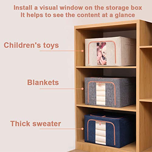 TOUCH-RICH Storage Bins Foldable with Window & Carry Handles Linen Fabric Collapsible Storage Boxes Organizer Set Stackable Containers for Home Bedroom Office Closet Nursery (Beige)