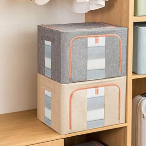 TOUCH-RICH Storage Bins Foldable with Window & Carry Handles Linen Fabric Collapsible Storage Boxes Organizer Set Stackable Containers for Home Bedroom Office Closet Nursery (Beige)
