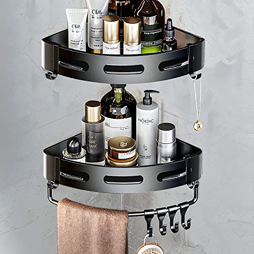 MAZEME 2 Pack Adhesive Corner Shower Caddy Organizer with 4 Hooks and Bathroom Towel Bar, Hanging Plastic Shower Shelf Basket Storage Racks No Drilling Rustproof Wall Mounted for Dorm College, Black